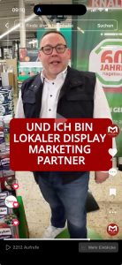 Hagebau-Partner in Salzwedel spricht vor der Kamera; Overlay-Text weist auf Teilnahme am lokalen Display Marketing im Markt hin.