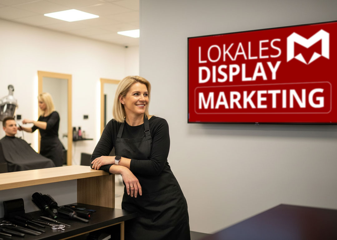 Friseursalon mit Wandbildschirm für lokales Display Marketing; Kundin im Wartebereich, wiederholte Sichtkontakte im Altmarkkreis Salzwedel.