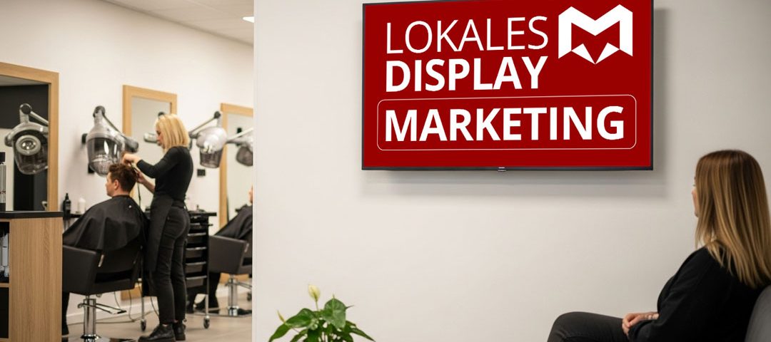 Friseursalon mit Wandbildschirm „Lokales Display Marketing“; Kundin im Wartebereich, gut sichtbarer POS-Screen in Salzwedel (Altmark)
