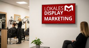 Friseursalon mit Wandbildschirm „Lokales Display Marketing“; Kundin im Wartebereich, gut sichtbarer POS-Screen in Salzwedel (Altmark)