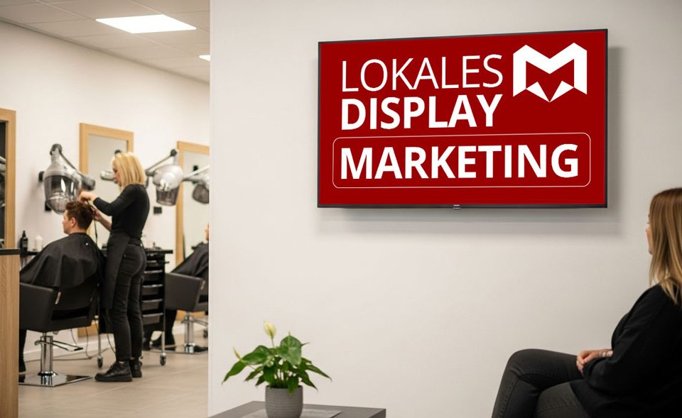 Friseursalon mit Wandbildschirm „Lokales Display Marketing“; Kundin im Wartebereich, gut sichtbarer POS-Screen in Salzwedel (Altmark)