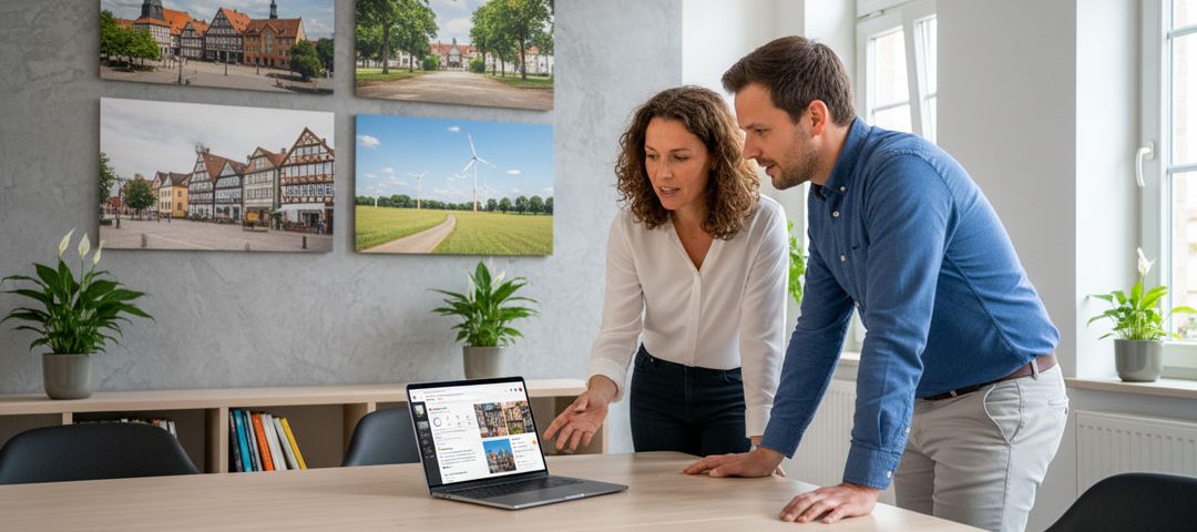Zwei Mitarbeitende besprechen am Laptop den Social-Media-Auftritt; Besprechungsraum mit Wendland-Motiven, Standort Lüchow-Dannenberg.