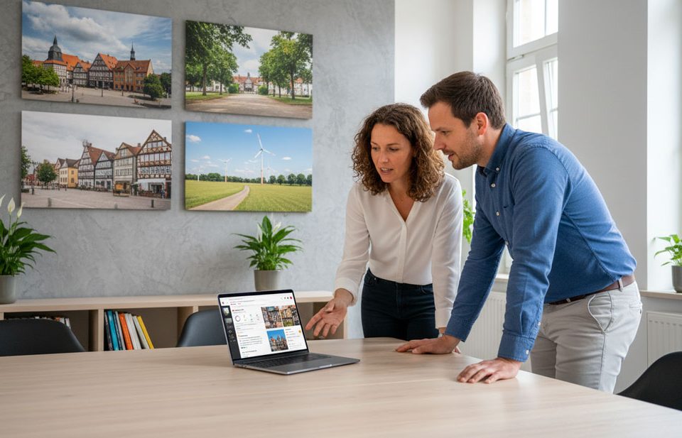 Zwei Mitarbeitende besprechen am Laptop den Social-Media-Auftritt; Besprechungsraum mit Wendland-Motiven, Standort Lüchow-Dannenberg.
