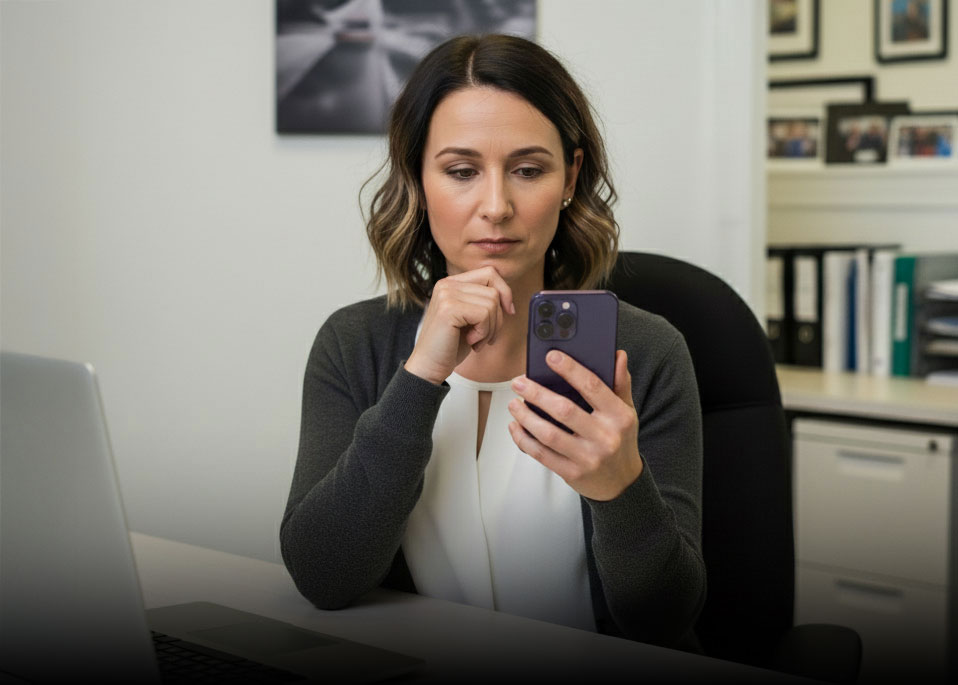 Geschäftsführerin im Büro blickt besorgt aufs Smartphone; unregelmäßige Social-Media-Posts, Profil wirkt inaktiv in Luechow Dannenberg