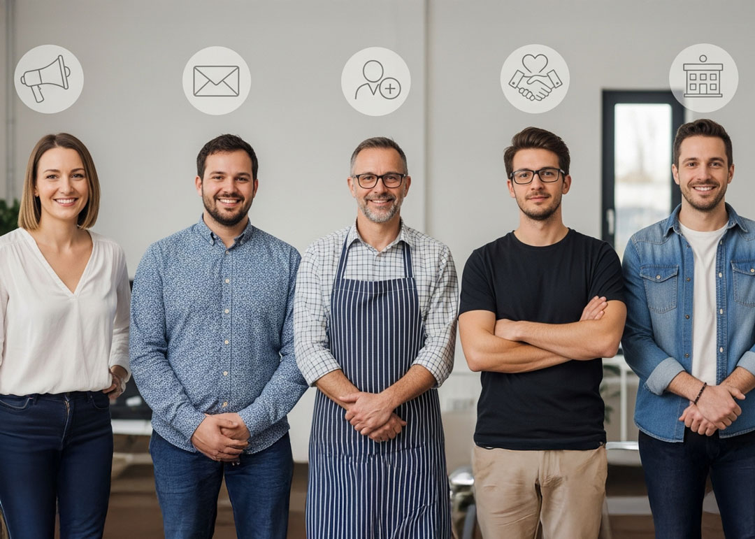 Fünf Mitarbeitende im Betrieb, darüber Icons für Reichweite, Anfragen, Bewerber, Bindung und Arbeitgebermarke – Social-Media-Ziele Wendland.