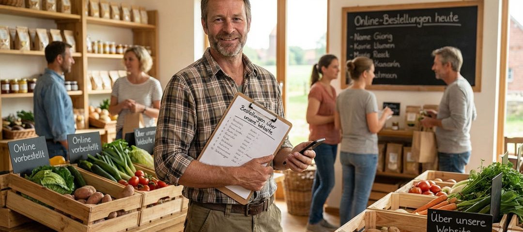 Hofladen-Betreiber steht zwischen Gemüsekisten mit Online-Vorbestellt-Schildern und hält Bestellliste sowie Smartphone mit Website-Bestellungen im Wendland.