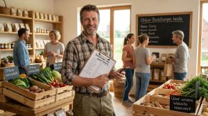 Hofladen-Betreiber steht zwischen Gemüsekisten mit Online-Vorbestellt-Schildern und hält Bestellliste sowie Smartphone mit Website-Bestellungen im Wendland.