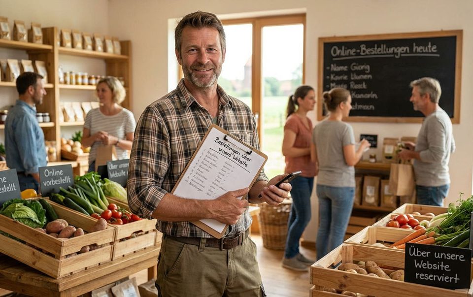 Hofladen-Betreiber steht zwischen Gemüsekisten mit Online-Vorbestellt-Schildern und hält Bestellliste sowie Smartphone mit Website-Bestellungen im Wendland.