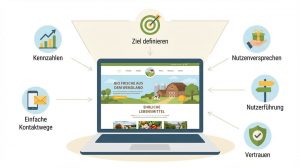 Illustration Laptop mit Hofladen-Website, Pfeile zeigen auf Ziel definieren, Kennzahlen, Nutzenversprechen, Nutzerführung, Vertrauen und einfache Kontaktwege.