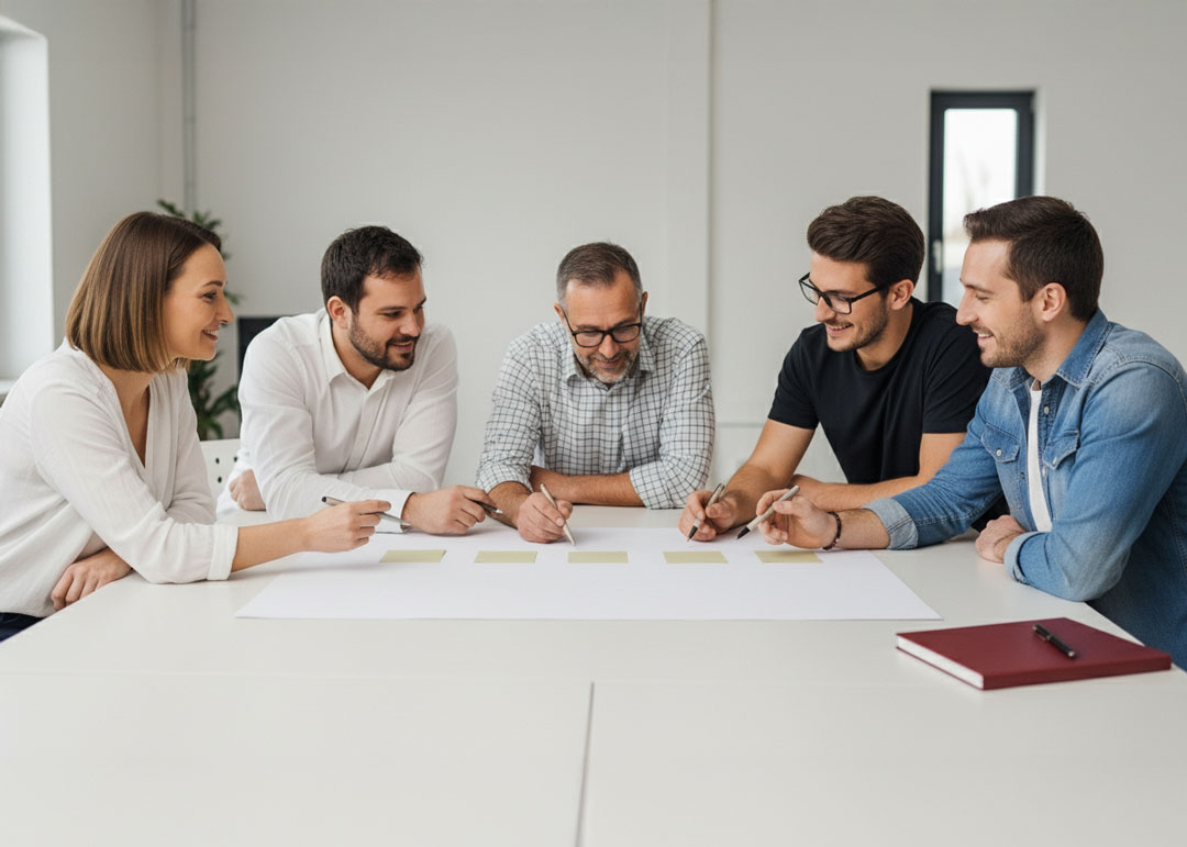 Teamworkshop: fünf Mitarbeitende notieren Ideen auf Haftzetteln; Ziele, Themen und Redaktionsplan für Social Media in Lüchow-Dannenberg (Elbe)