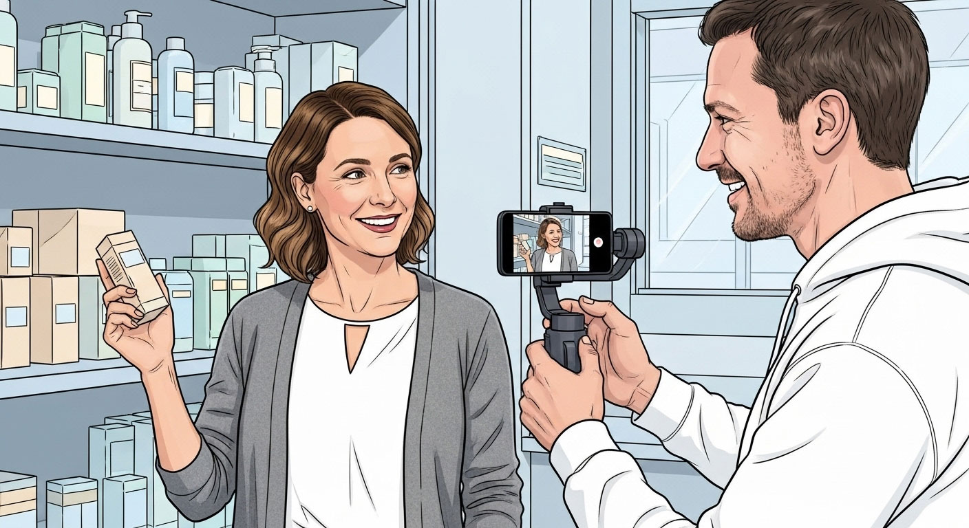 Kundin präsentiert Produkt vor Regal, Fox Medien filmt mit Smartphone-Gimbal – Social-Media-Produktion in Lüchow (Elbe)