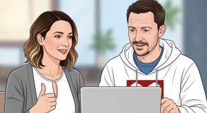 Kundin und Fox Medien am Laptop; vorbereitete Posts mit Text, Bild und Video gebündelt zur Freigabe.