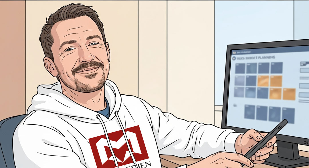 Social-Media-Manager plant Beiträge am Monitor und Smartphone; automatisiertes Posting und Review