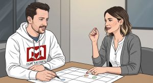 Beratung am Tisch mit Monatsplan: Fox Medien und Kundin entwickeln Redaktionsplan mit Themenpunkten