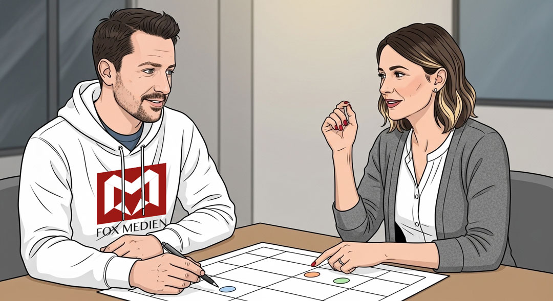Beratung am Tisch mit Monatsplan: Fox Medien und Kundin entwickeln Redaktionsplan mit Themenpunkten