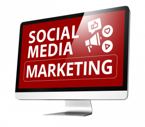 Symbolbild für die Leistungsseite Social-Media-Management: Ein Desktop-Monitor zeigt „Social Media Marketing“, ergänzt durch Like-, Herz- und Play-Icons. Einsatz als Headerbild der Seite; passend für Angebote rund um Instagram und Facebook.