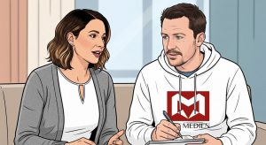 Beratungsgespräch im Büro: Kundin erläutert Ziele, Fox Medien notiert Zuständigkeiten und Kanäle – Social-Media-Setup