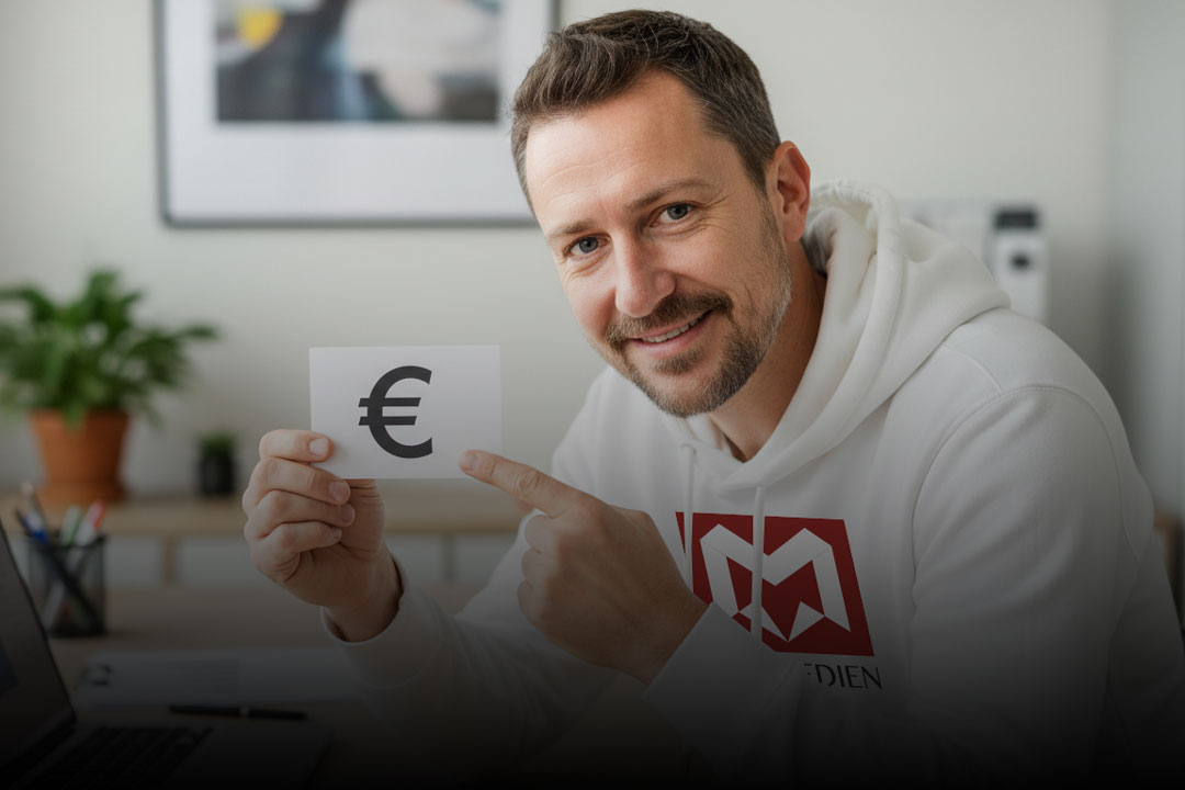 Timo Fox, Berater von Fox Medien zeigt Euro-Karte; Kosten und Kalkulation fürs Social-Media-Management für Unternehmen.