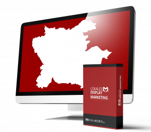 Monitor mit Altmark-Karte und Produktbox „Lokales Display Marketing“; digitale Screens für regionale Sichtbarkeit in Salzwedel.