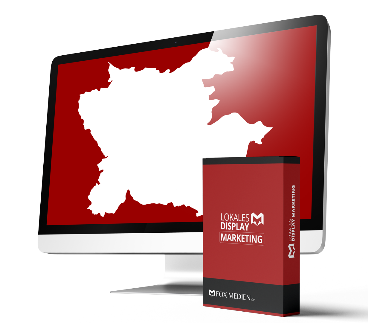 Monitor mit Altmark-Karte und Produktbox „Lokales Display Marketing“; digitale Screens für regionale Sichtbarkeit in Salzwedel.
