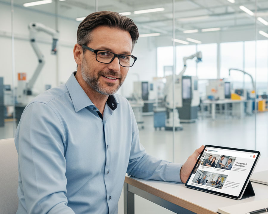 Chef plant Employer Branding über Social Media am Tablet vor moderner Produktionshalle – Social Media Management für Recruiting.