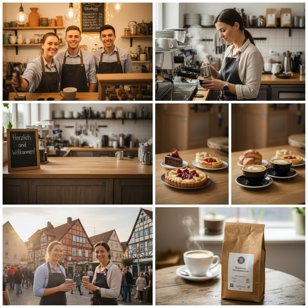 Collage mit Team, Arbeitsalltag, Tresen, Kuchen und Kaffee eines Cafés in Uelzen als Einblicke für Social Media.
