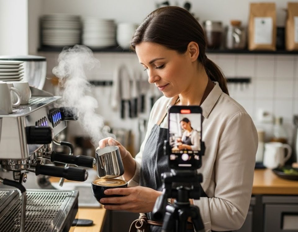 Café-Inhaberin in Uelzen bereitet Kaffee zu und filmt sich dabei mit dem Smartphone für ein Social-Media-Video.