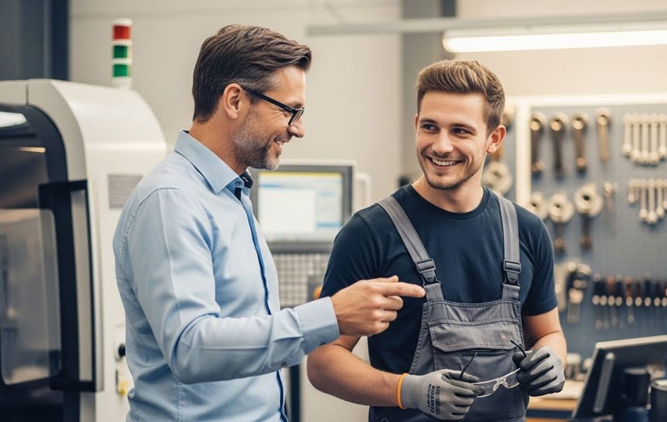Teamleiter begrüßt Mechatroniker in der Werkstatt – Employer Branding und Recruiting über Social Media.