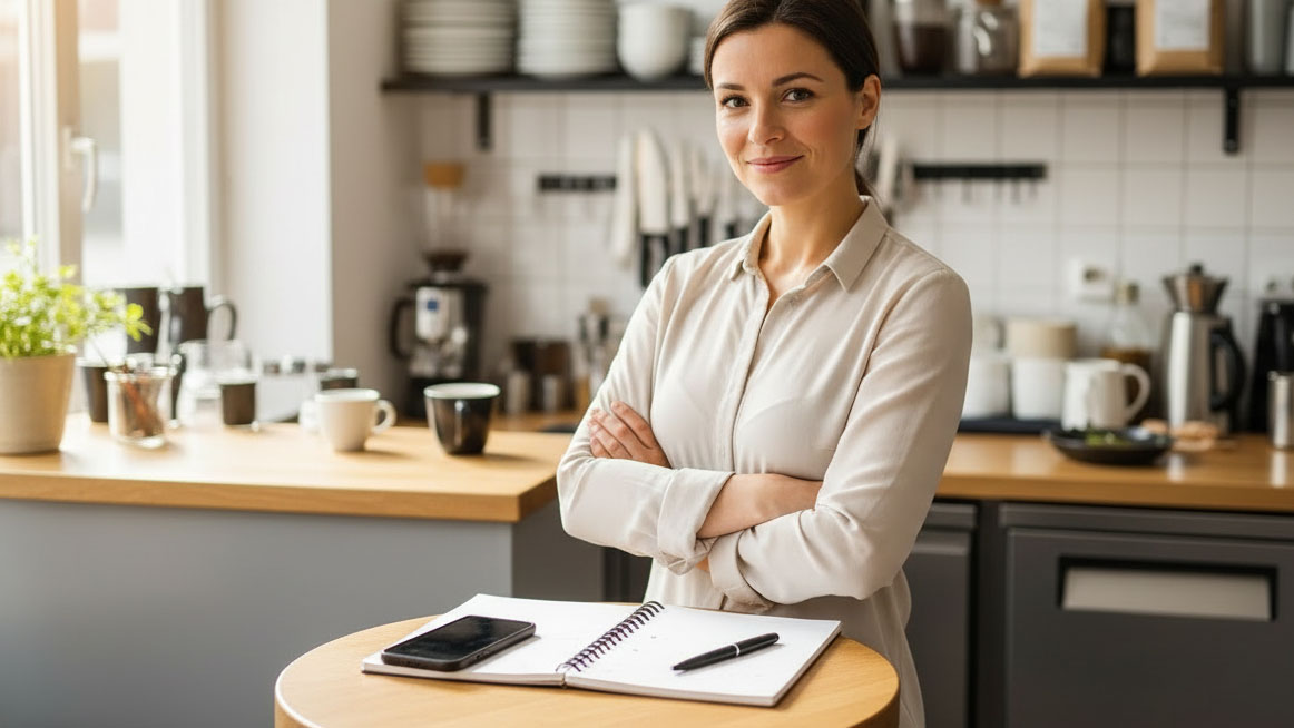 Erfolgreiche Café-Inhaberin in Uelzen steht lächelnd mit verschränkten Armen vor Notizbuch und Smartphone im Gastraum.