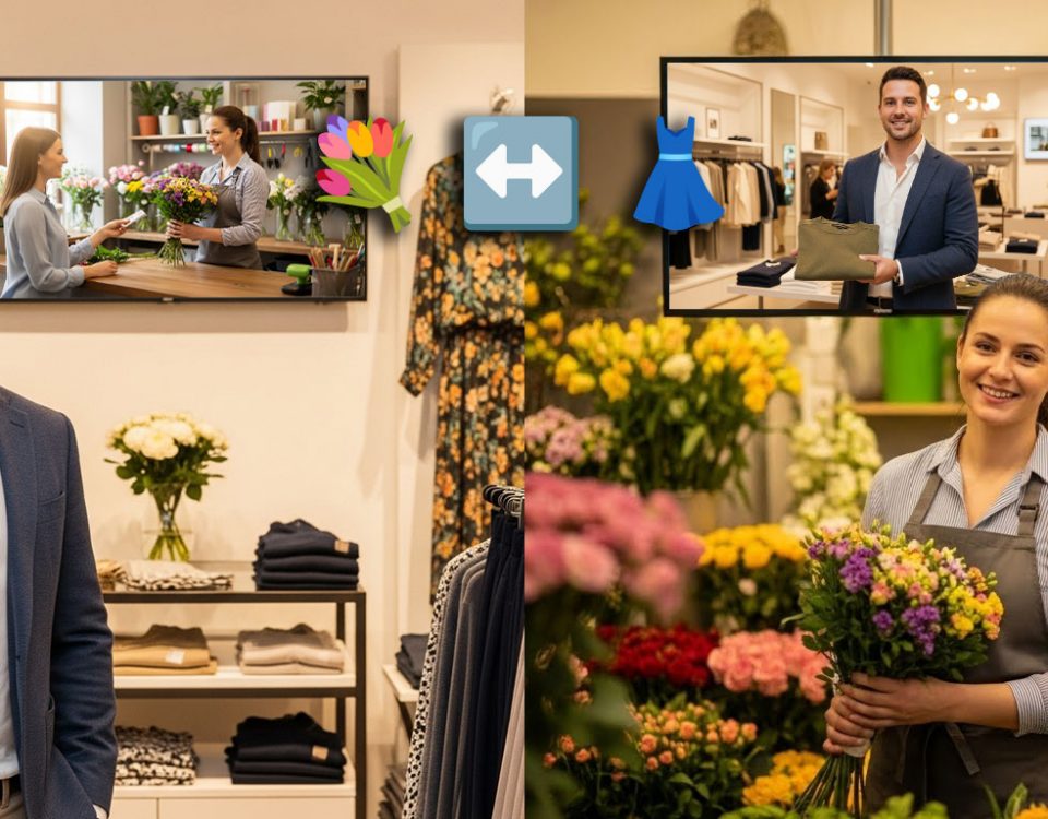 Lokales Display Marketing: TV im Modegeschäft zeigt Floristin, TV im Blumenladen zeigt Modeverkäufer