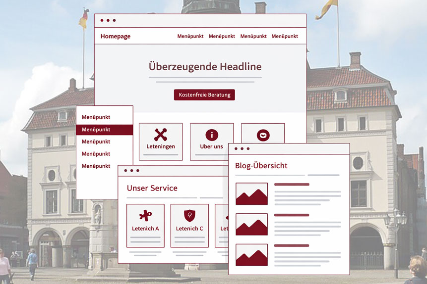 Mehrseitige Website (Multisite) mit Navigation, Leistungsseiten und Blog-Übersicht – Wireframe vor Altstadt-Kulisse in Lüneburg.