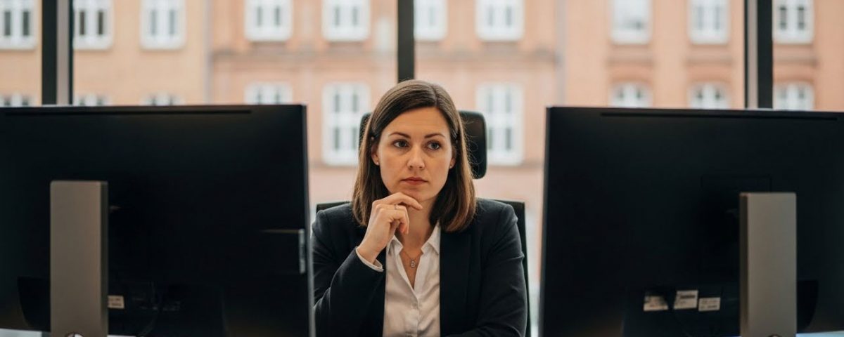 Unternehmerin in Lüneburg überlegt zwischen Onepager und mehrseitiger Website am Schreibtisch mit zwei Monitoren.