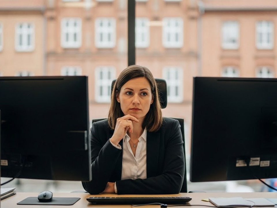 Unternehmerin in Lüneburg überlegt zwischen Onepager und mehrseitiger Website am Schreibtisch mit zwei Monitoren.