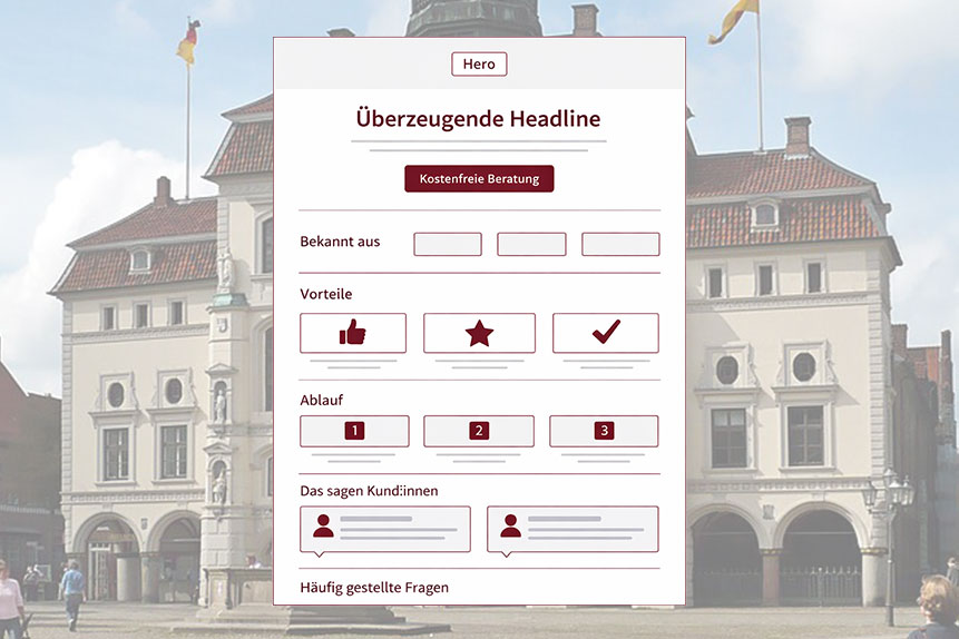 Onepager-Wireframe mit CTA-Button vor Altstadt-Kulisse in Lüneburg – Beispiel für conversion-orientiertes Webdesign.