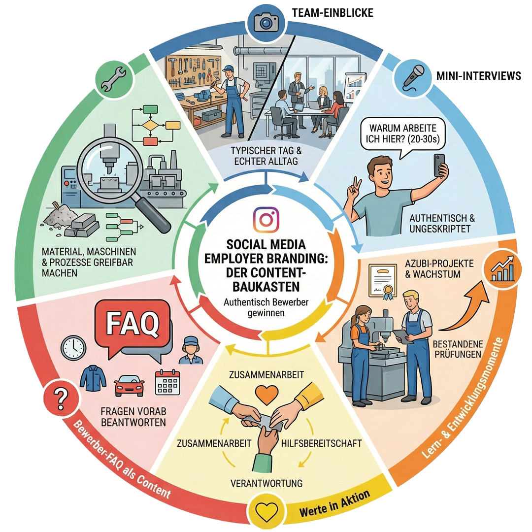 Infografik: Social Media Employer Branding Content-Baukasten mit 6 Säulen – Team-Einblicke, Mini-Interviews, Lern- & Entwicklungsmomente, Werte, FAQ und Blick hinter die Kulissen.