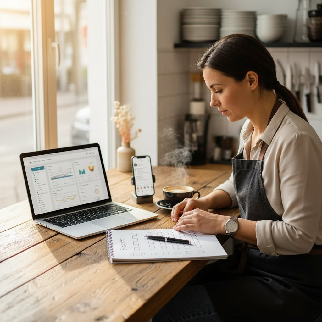 Café-Inhaberin in Uelzen plant ihren Social-Media-Auftritt mit Laptop, Smartphone und 5-Schritte-Checkliste am Holztisch.