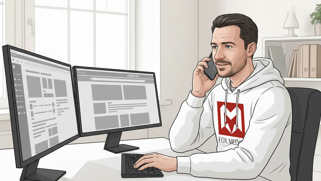 Webdienstleister setzt Website-Änderungen am Rechner um und telefoniert mit dem Kunden