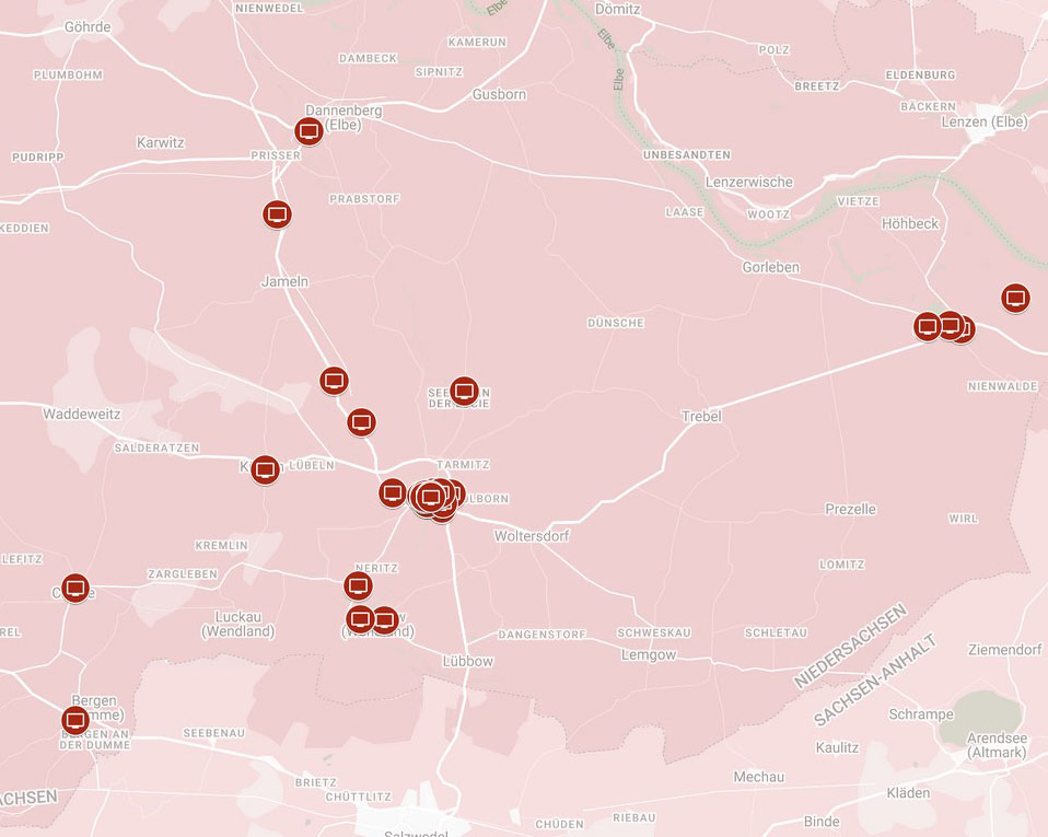 Karte des lokalen Display-Marketing-Netzwerks mit Partner-Standorten im Landkreis Lüchow-Dannenberg (Wendland).