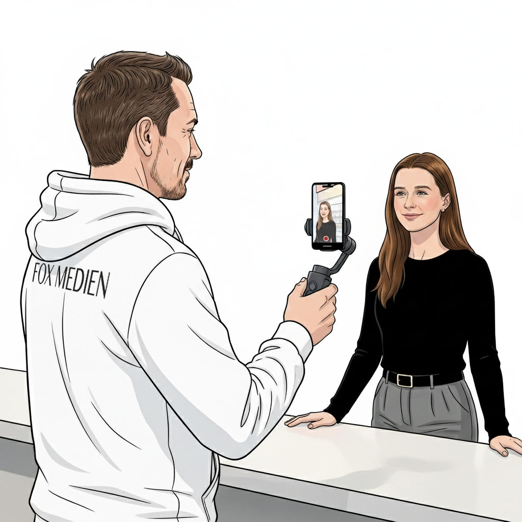 Brigitta Enns steht lächelnd an ihrem Servicetresen in der Salzgrotte Salzwedel neben einem digitalen Werbedisplay von Fox Medien.