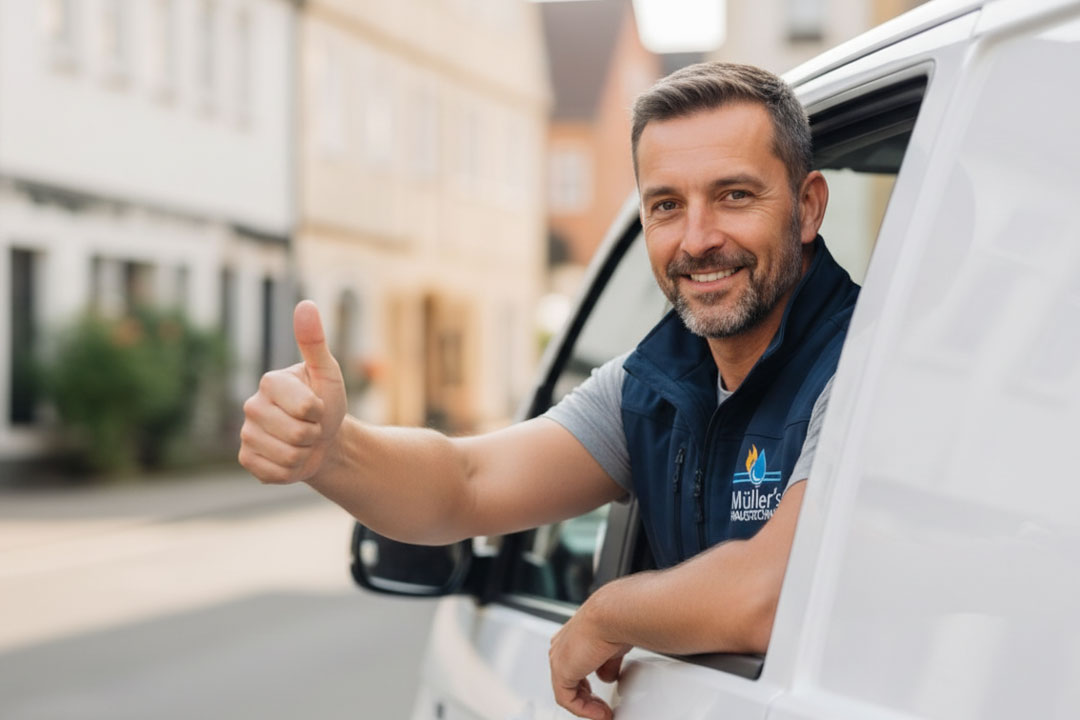 Dienstleister lehnt aus einem Transporterfenster und zeigt den Daumen hoch.