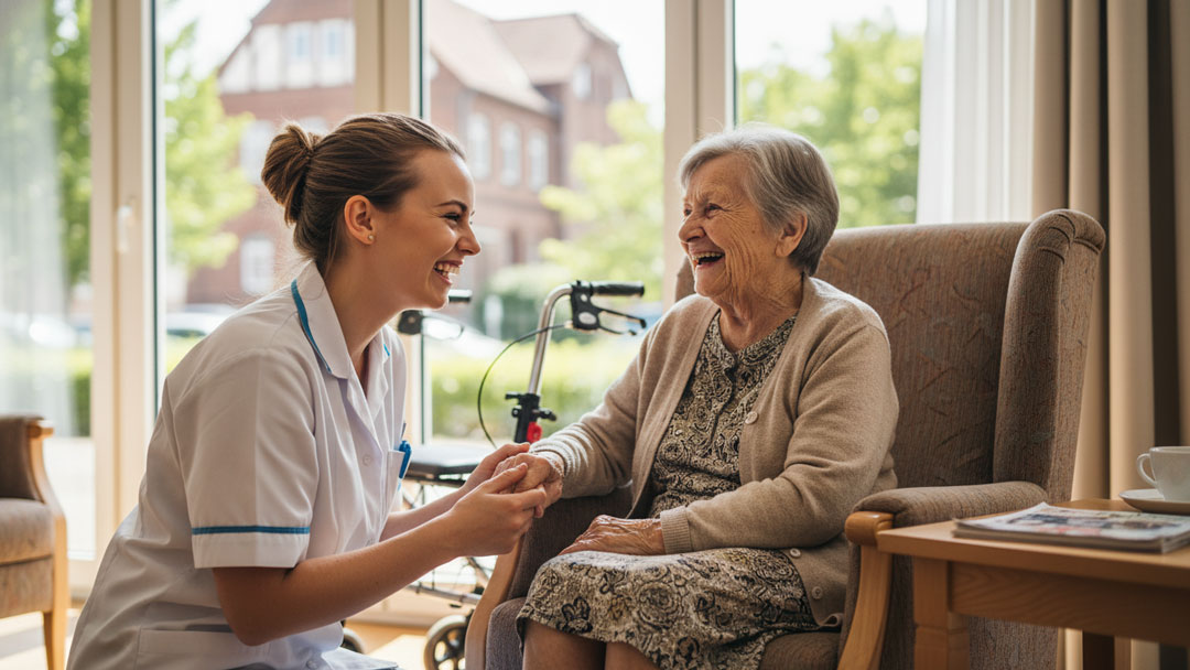 Fröhliche Pflegekraft hält im Lüneburger Pflegeheim die Hand einer lachenden Seniorin im Sessel. Symbolbild neben dem FAQ-Bereich für vertrauensvolles Marketing.