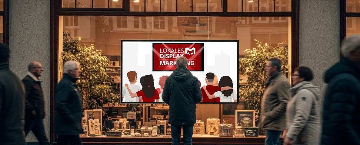 Passanten gehen an einem Schaufenster in einer Einkaufsstraße vorbei; ein 16:9 Bildschirm zeigt lokales Display Marketing.
