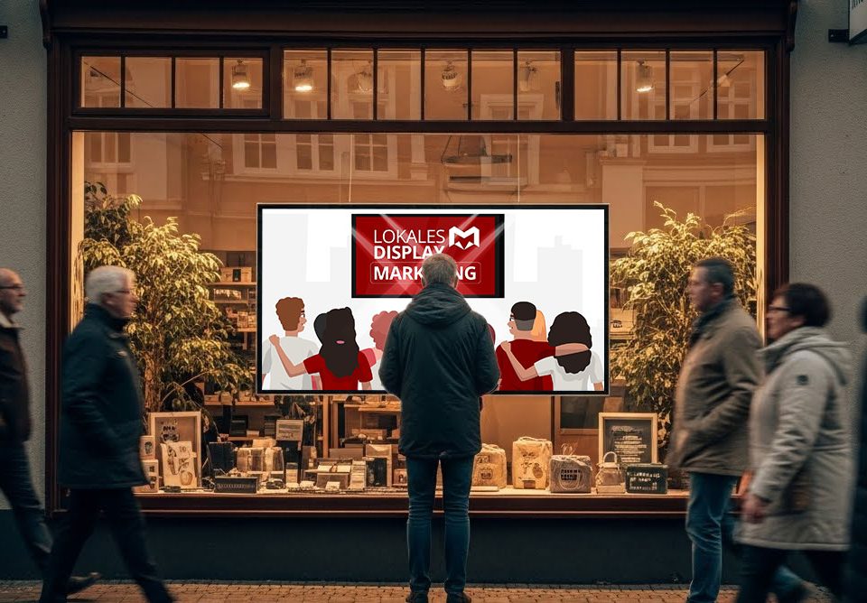 Passanten gehen an einem Schaufenster in einer Einkaufsstraße vorbei; ein 16:9 Bildschirm zeigt lokales Display Marketing.