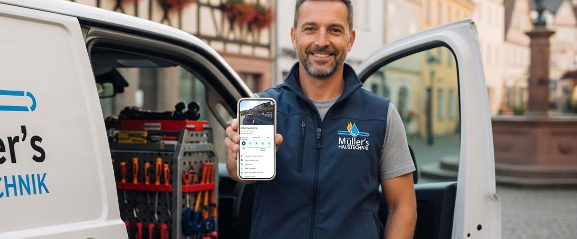 Dienstleister steht vor Servicefahrzeug und zeigt Smartphone mit Online-Profil.