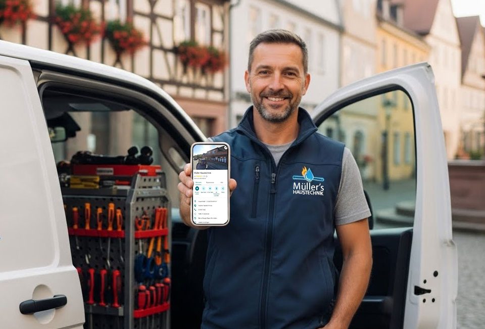 Dienstleister steht vor Servicefahrzeug und zeigt Smartphone mit Online-Profil.