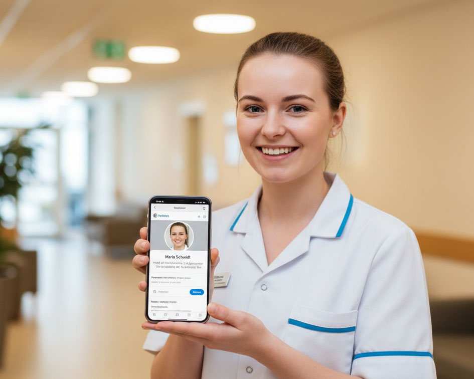 Lächelnde Pflegefachkraft in weißer Uniform steht in einem hellen Klinikflur und präsentiert auf einem Smartphone ihr professionelles Online-Profil (z.B. LinkedIn). Symbolbild für Digitalisierung und modernes Recruiting in der Pflege.