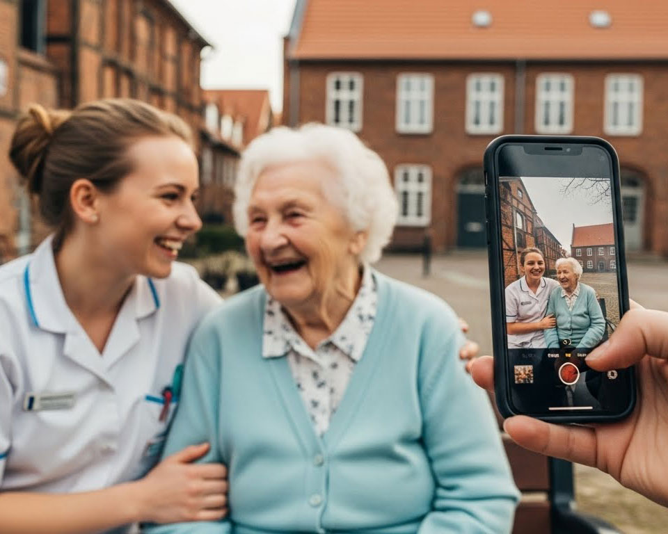 Lachende Pflegekraft und Seniorin sitzen auf einer Bank vor Lüneburger Backsteingebäude, während der Moment mit einem Smartphone für Social Media gefilmt wird.