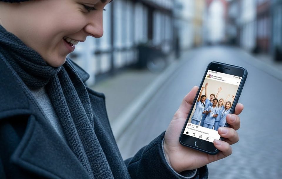 Person schaut in Lüneburger Altstadt lächelnd auf Smartphone. Display zeigt authentisches Team-Foto eines lokalen Unternehmens. Symbolbild für regionale Sichtbarkeit, Markenaufbau und Kundenbindung via Social Media.