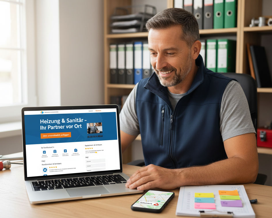 Handwerker sitzt im Büro am Laptop mit Landingpage und Smartphone mit Kartenansicht.