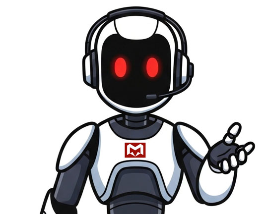 Freundlicher KI-Service-Roboter von Fox Medien mit Headset und Firmenlogo für 24/7 Kunden-Support und automatische Terminbuchung